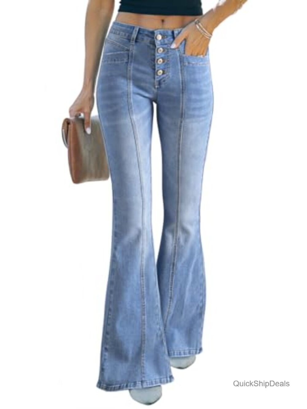 Sidefeel Women's High Waisted Wide Leg Flared Jeans Button Fly Denim Pants